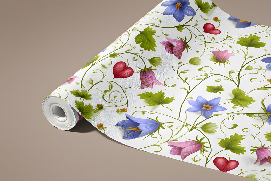 A cozy kitchen dining nook featuring the whimsical blue and pink botanical wallpaper.