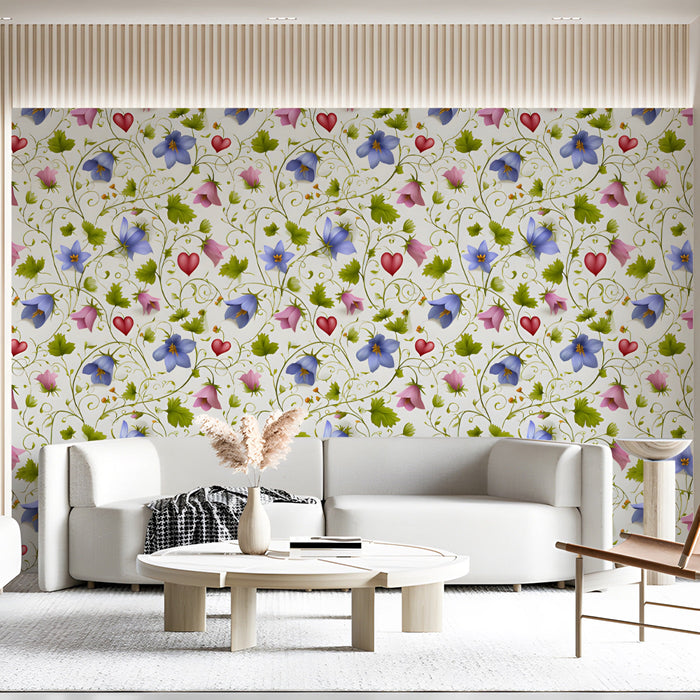 A cheerful living room space with the heart and blue bell mural on an accent wall.