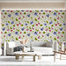 A cheerful living room space with the heart and blue bell mural on an accent wall.