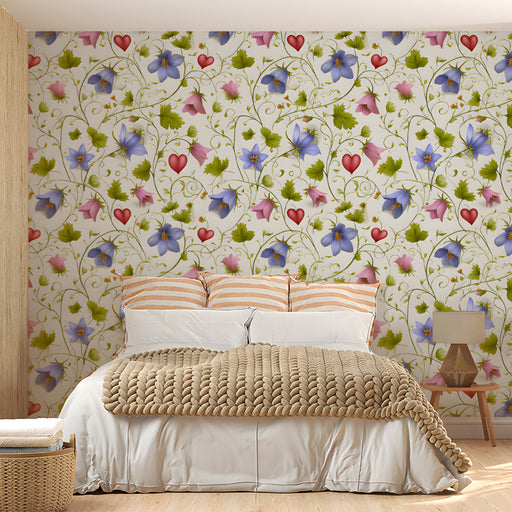 The floral heart wallpaper installed in a bright, modern bedroom with wooden crib furniture.