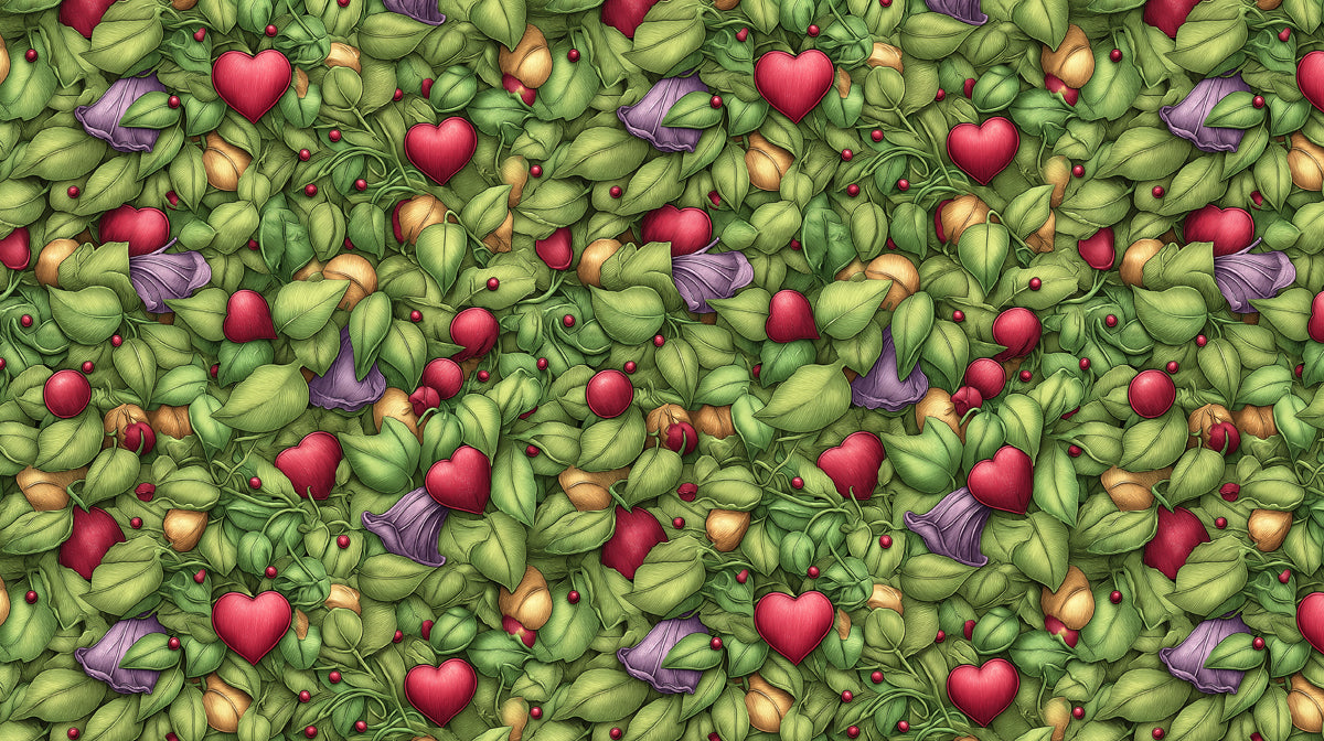 A dense botanical pattern featuring green leaves, ruby red hearts, violet flowers, and soft golden accents in a hand-drawn style.