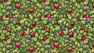 A dense botanical pattern featuring green leaves, ruby red hearts, violet flowers, and soft golden accents in a hand-drawn style.