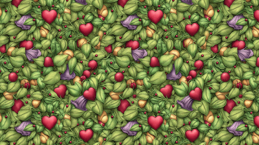 A dense botanical pattern featuring green leaves, ruby red hearts, violet flowers, and soft golden accents in a hand-drawn style.