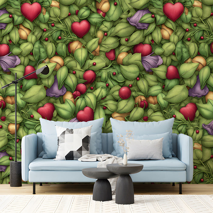 An entryway interior showcasing the lush botanical heart wallpaper as a vibrant, artistic feature wall.