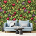 An entryway interior showcasing the lush botanical heart wallpaper as a vibrant, artistic feature wall.