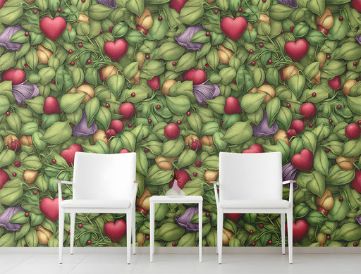 A cozy entryway featuring the heart and botanical mural on a statement wall behind a wooden crib.