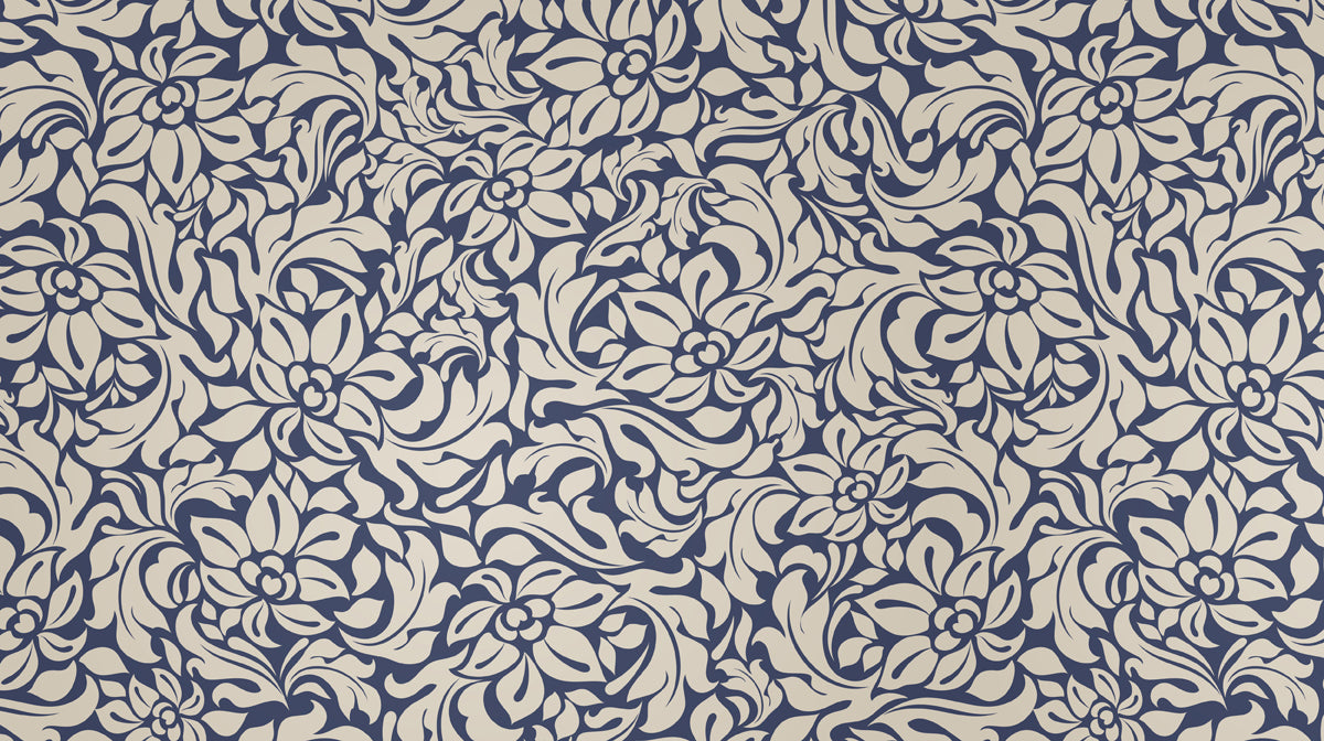 A two-tone damask wallpaper pattern featuring deep midnight blue and cream beige floral motifs and scrolling acanthus leaves.
