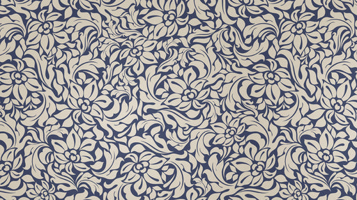 A two-tone damask wallpaper pattern featuring deep midnight blue and cream beige floral motifs and scrolling acanthus leaves.