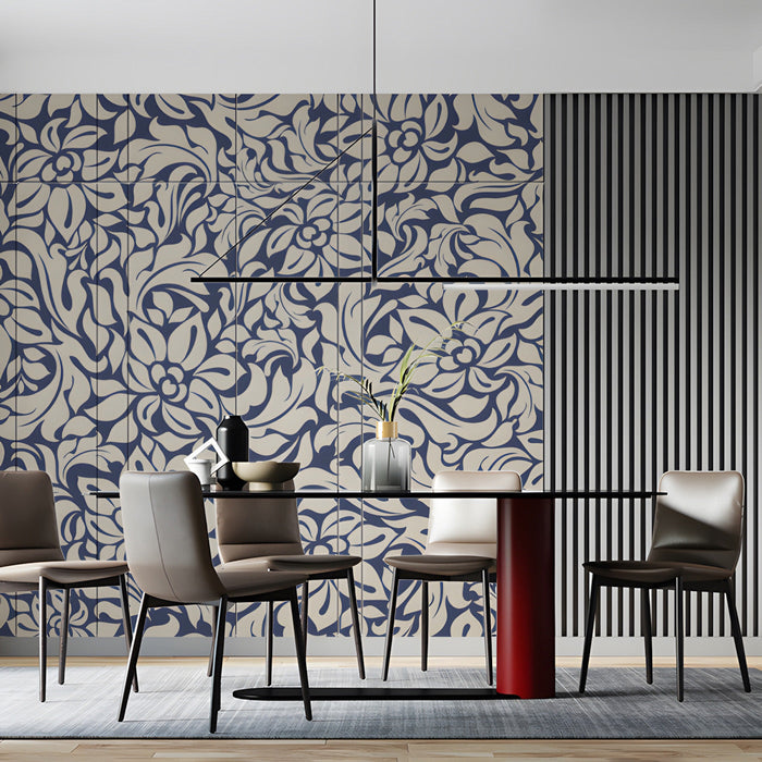An elegant dining room with a dark floral damask feature wall and minimalist modern furniture.