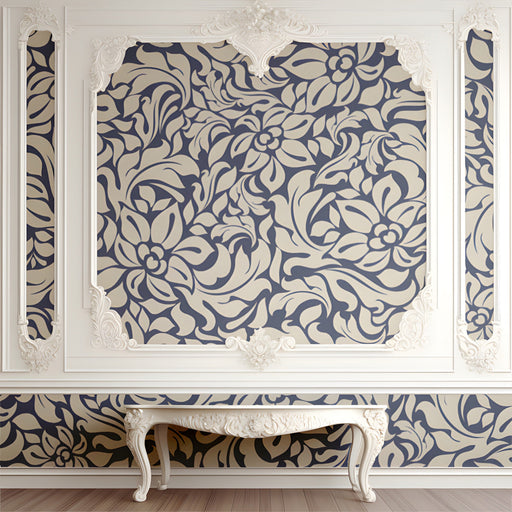 A formal entryway featuring the midnight blue and cream damask mural on the back wall behind a wooden table.