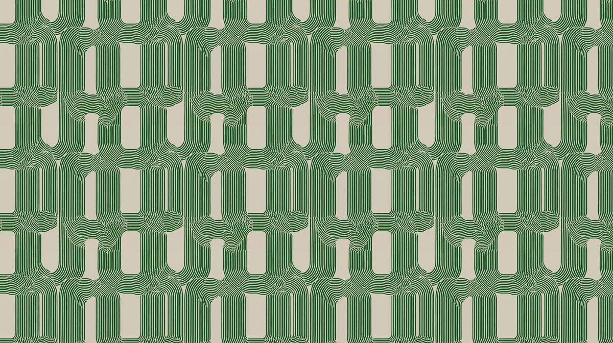Abstract pattern of emerald green interlocking rounded rectangular lines on a light beige background