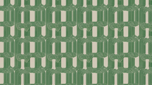 Abstract pattern of emerald green interlocking rounded rectangular lines on a light beige background