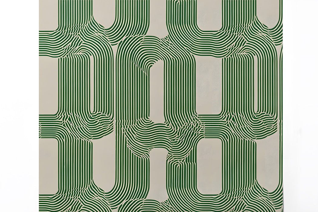Dining room with emerald and oatmeal line pattern mural on the feature wall