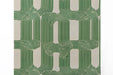 Dining room with emerald and oatmeal line pattern mural on the feature wall