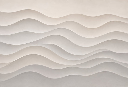 Minimalist wall mural with soft, flowing waves in cream, taupe, and stone gray gradients.