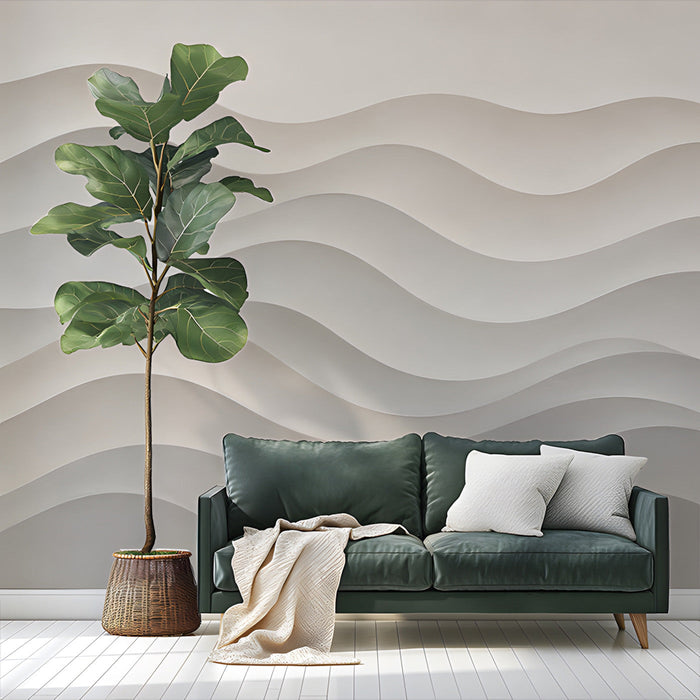 A calm living room space with a subtle, textured wave design on the accent wall.