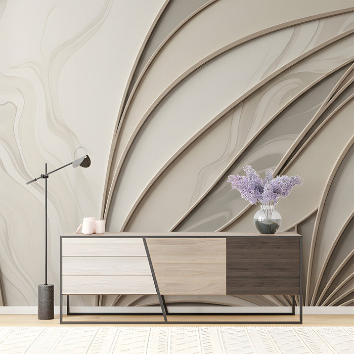 Study interior featuring the beige wave wallpaper behind a modern neutral sofa