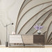 Study interior featuring the beige wave wallpaper behind a modern neutral sofa