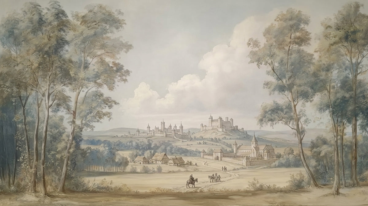 A vintage watercolor-style landscape featuring a medieval castle, stone buildings, and tall trees in sepia and sage green.