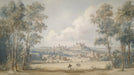 A vintage watercolor-style landscape featuring a medieval castle, stone buildings, and tall trees in sepia and sage green.