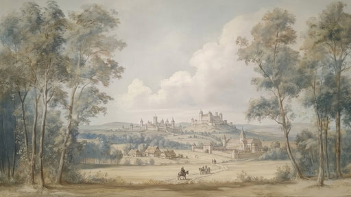 A vintage watercolor-style landscape featuring a medieval castle, stone buildings, and tall trees in sepia and sage green.