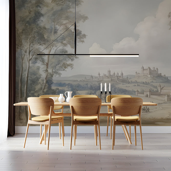 A dining room interior with a serene European countryside mural creating a focal point behind a wooden table.