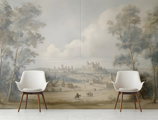 A sophisticated entryway featuring a panoramic medieval landscape mural behind a dark mahogany writing desk.