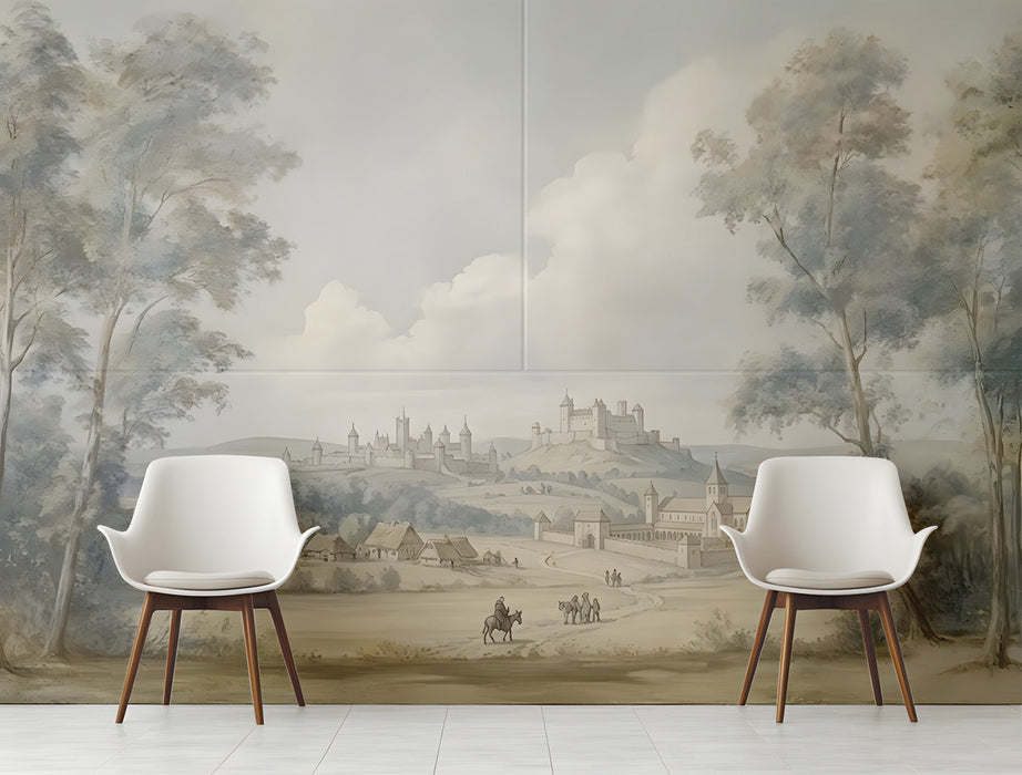 A sophisticated entryway featuring a panoramic medieval landscape mural behind a dark mahogany writing desk.