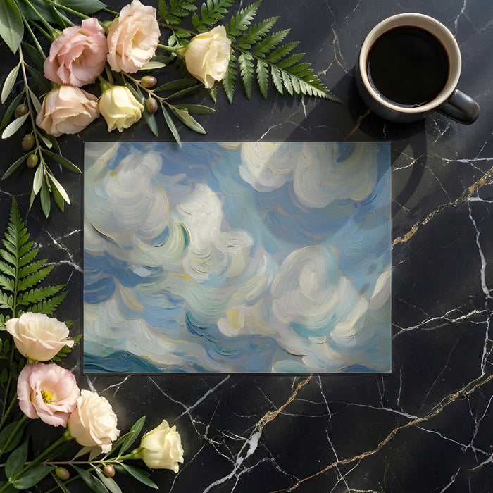 Swirling cloud wall mural featured in a calm nursery with minimalist wooden furniture.