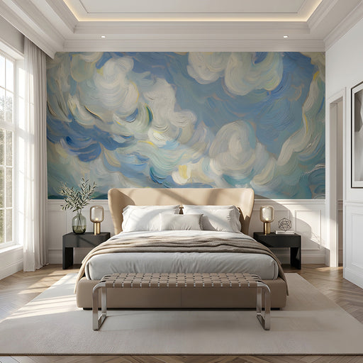 Painterly blue sky wallpaper in a creative bedroom setting.