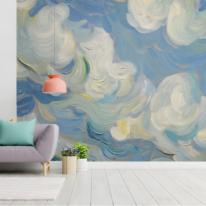 Impressionist sky mural installed in a light-filled entryway with linen bedding.