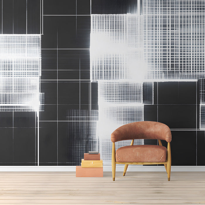 Minimalist study interior with a high-contrast abstract grid mural