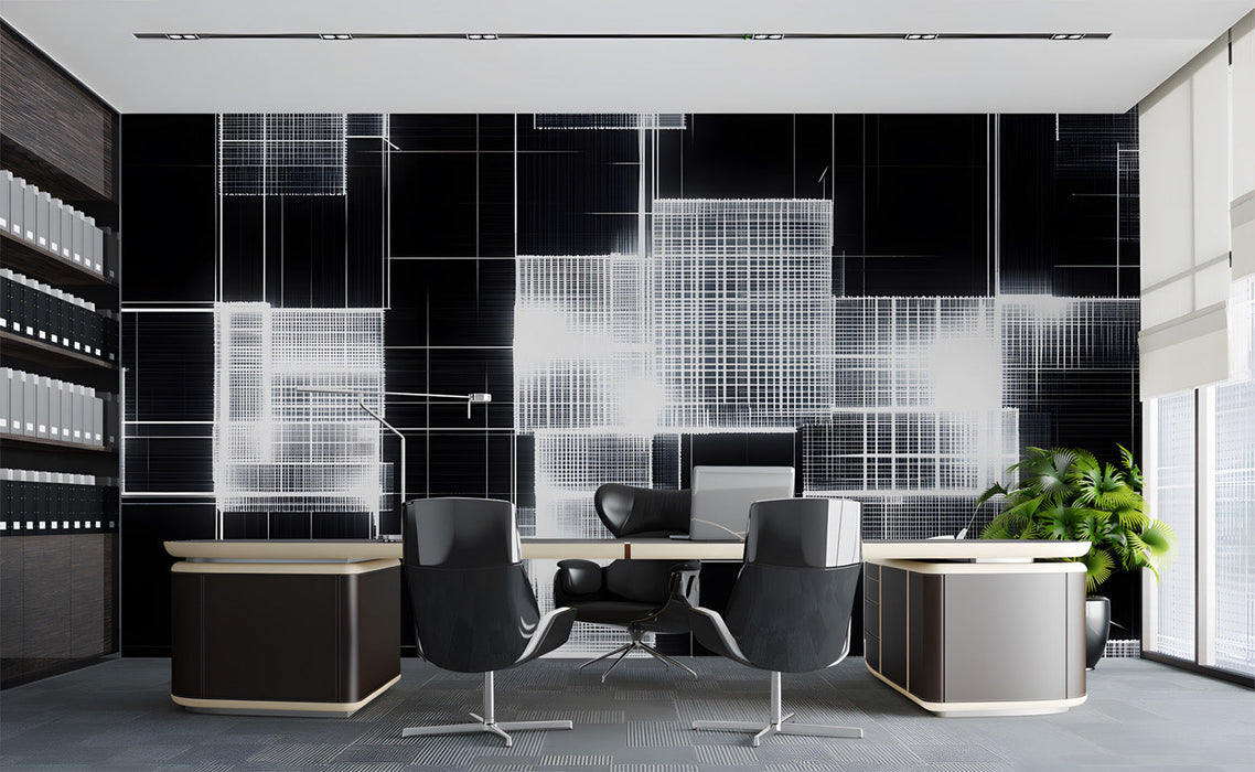 Modern office with a striking geometric monochrome wall mural