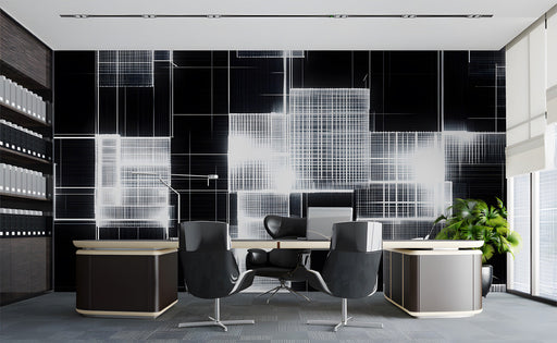 Modern office with a striking geometric monochrome wall mural