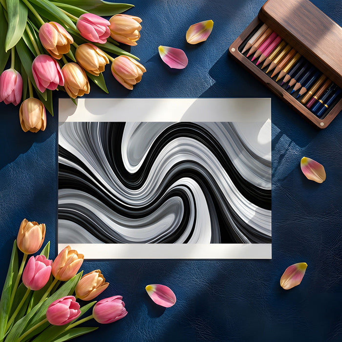 Abstract black and white wave wall mural installed in a contemporary home office.