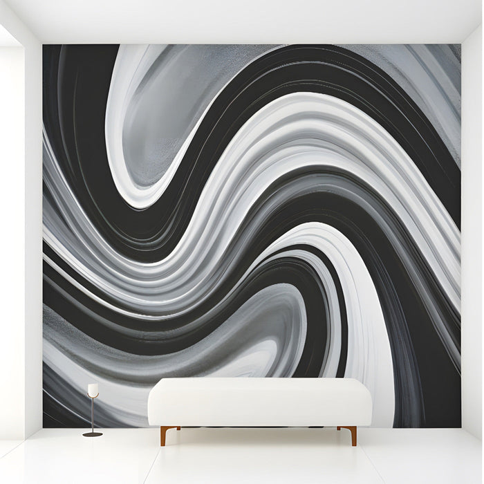Fluid charcoal and white pattern used as a feature wall in a dining room.