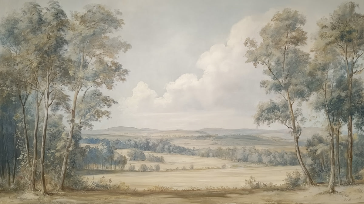 A soft watercolor mural featuring a wide landscape with tall wispy trees framing rolling hills in sage and neutral tones.