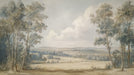A soft watercolor mural featuring a wide landscape with tall wispy trees framing rolling hills in sage and neutral tones.