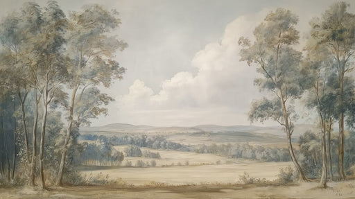 A soft watercolor mural featuring a wide landscape with tall wispy trees framing rolling hills in sage and neutral tones.