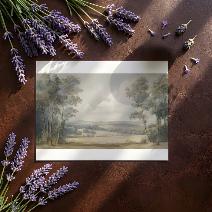 The landscape wall mural installed in a dining room with minimalist furniture.