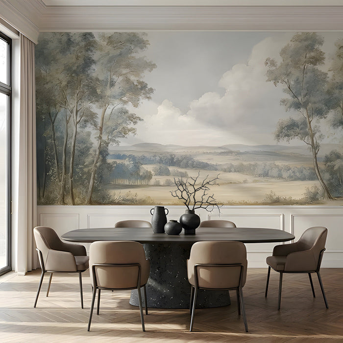 The countryside mural shown in a home office, creating a peaceful backdrop for a desk setup.