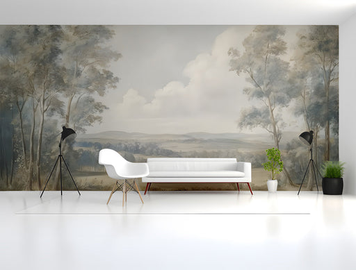 A bright cinema featuring the landscape mural on the main wall behind a wooden headboard.