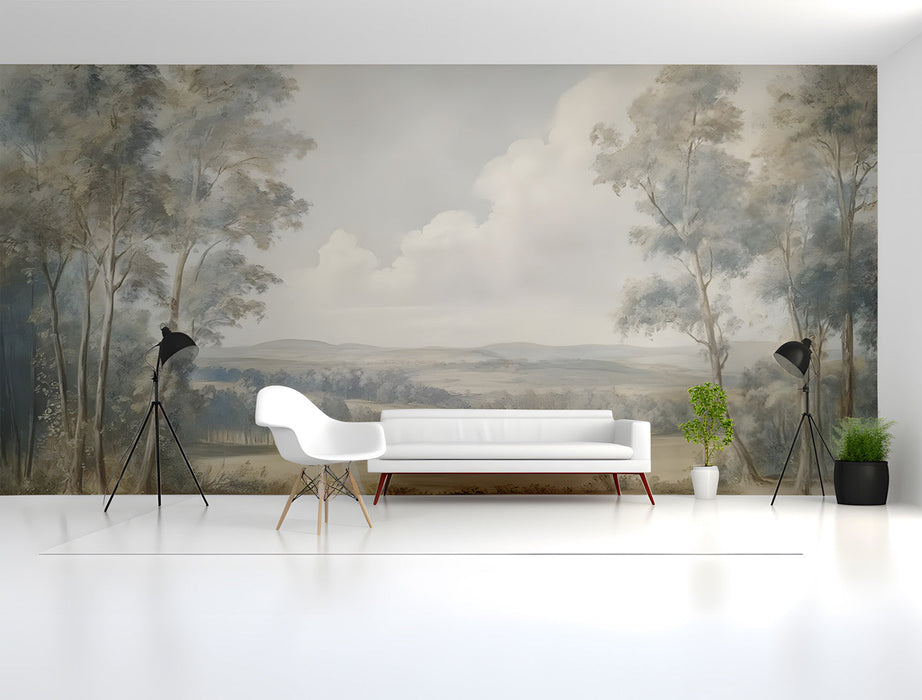A bright cinema featuring the landscape mural on the main wall behind a wooden headboard.