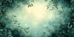Painterly forest canopy mural with soft sage and forest green leaves surrounding a glowing cream center.