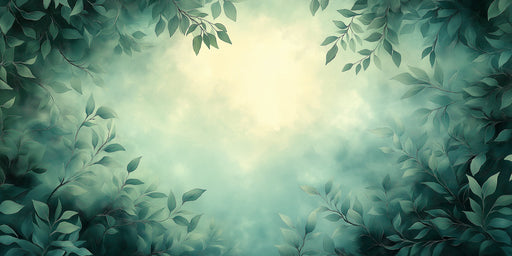 Painterly forest canopy mural with soft sage and forest green leaves surrounding a glowing cream center.