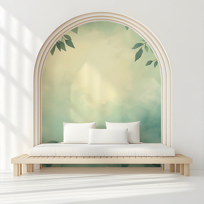 A relaxing reading nook featuring a nature-inspired forest leaf wall mural.