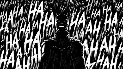 A graphic wall mural featuring a dark silhouette surrounded by repeating white hand-drawn laughter text on black.