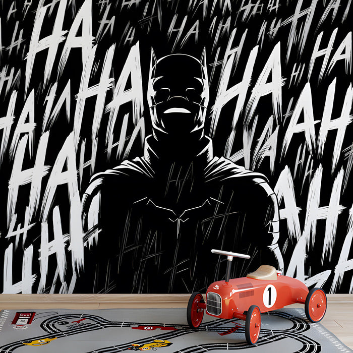 A creative playroom with a gritty comic style mural installed on an accent wall near industrial furniture.