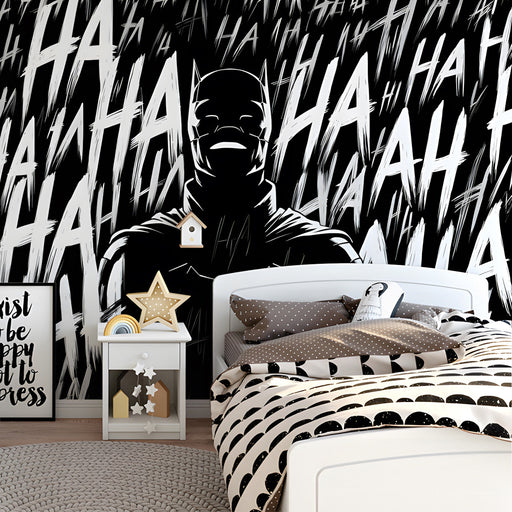 A bedroom featuring a cinematic comic book themed mural on the main wall behind a large projection screen.
