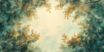 Painterly forest canopy mural featuring teal foliage and golden light